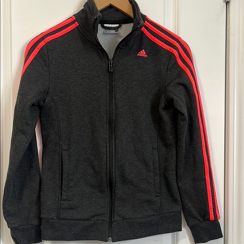 Adidas Women’s Charcoal Grey Jacket with Florescent Pinky Orange Stripes XS